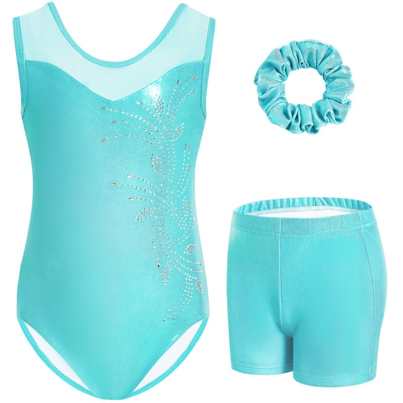 Gogokids Gymnastics Leotards for Girls Sparkly Rhinestone Mesh Dance Unitards Biketards with Shorts Activewear, Green, 5-6 Years - Image 1