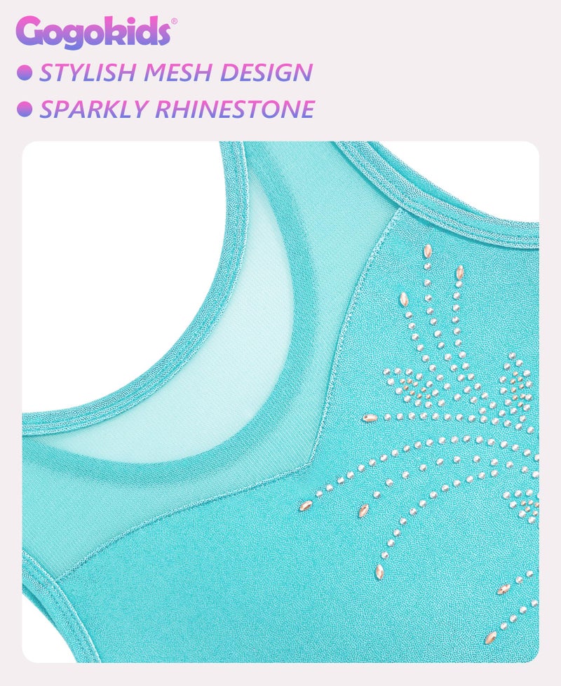 Gogokids Gymnastics Leotards for Girls Sparkly Rhinestone Mesh Dance Unitards Biketards with Shorts Activewear, Green, 5-6 Years - Image 3