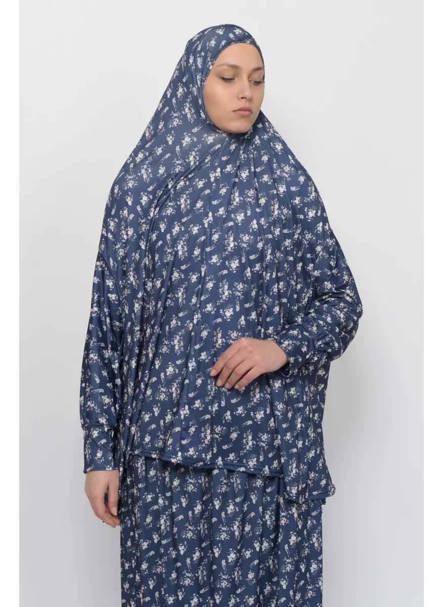 Altobeh Practical Two Piece Floral Patterned Bat Sleeves Headscarved Lycra Hijab Prayer Dress 992-0213