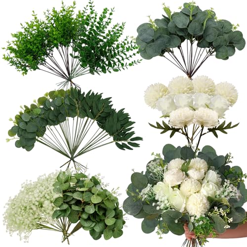 Autokcan 150 Pcs 10 Kinds Artificial Greenery Stems Bulk with Flowers Fake Eucalyptus Leaves Stems Bundle Faux Greenery Plant Branches for Floral Wedding Arrangement Home Decor Vase Bouquets - Image 1