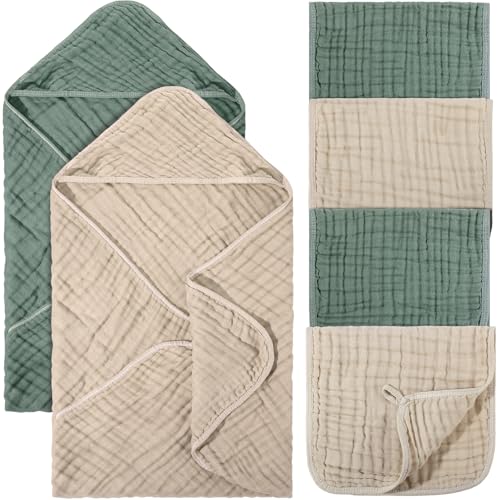 VitalCozy 6 Pcs Baby Muslin Hooded Bath Towels and Washcloths Muslin Cotton Hooded Baby Towels Absorbent Blankets for Gift Newborn Infant Shower (32 x 32 Inch,Beige,Sage Green)