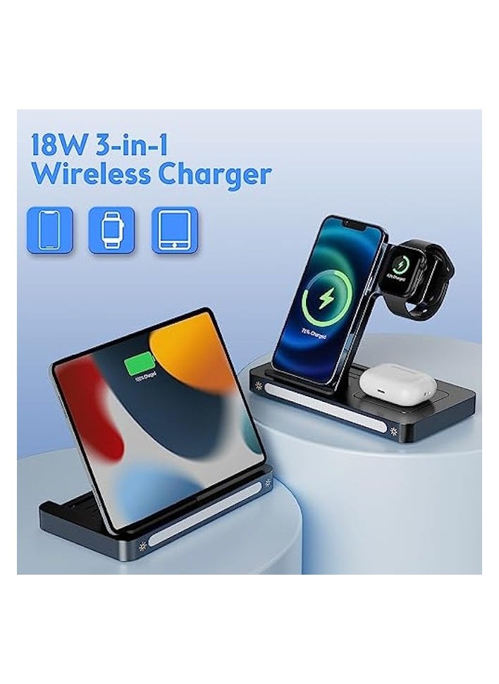 erorex - Wireless Charger, 3 in 1 Charging Station Apple, 18W Fast Wireless Charger Stand Compatible with iPhone 14/13/12/11/Pro/SE/XS/XR/8 Plus, for Apple Watch 8/7/6/5/4/3/2/SE, AirPods Pro 3/2 (Black) - Image 1