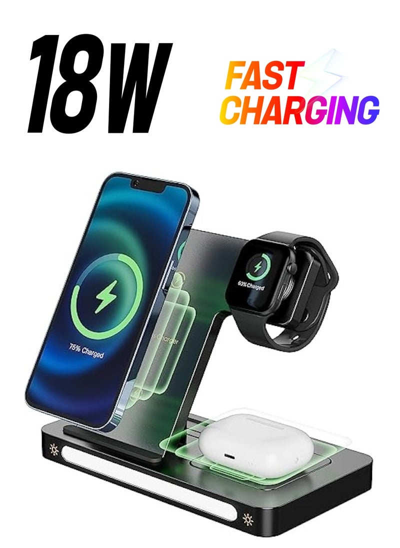 erorex - Wireless Charger, 3 in 1 Charging Station Apple, 18W Fast Wireless Charger Stand Compatible with iPhone 14/13/12/11/Pro/SE/XS/XR/8 Plus, for Apple Watch 8/7/6/5/4/3/2/SE, AirPods Pro 3/2 (Black) - Image 1
