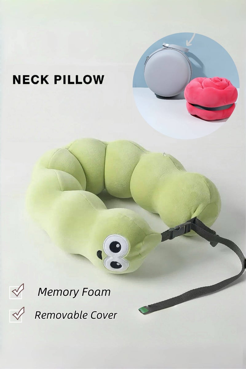 Cute Green Memory Foam Neck Pillow – Foldable, Comfortable, Removable Cover, with Storage Box for Easy Travel - Image 1