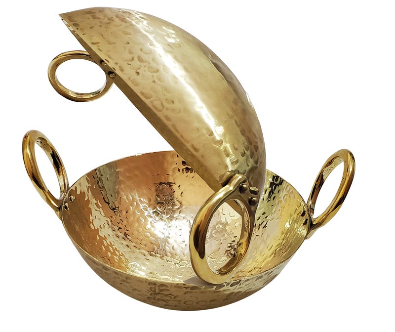 Pure Source India Pure Source India Brass Kadhai Hammered Design Heavy Duety Kitchen Utential (Gold, 2.5 L)  - Image 1