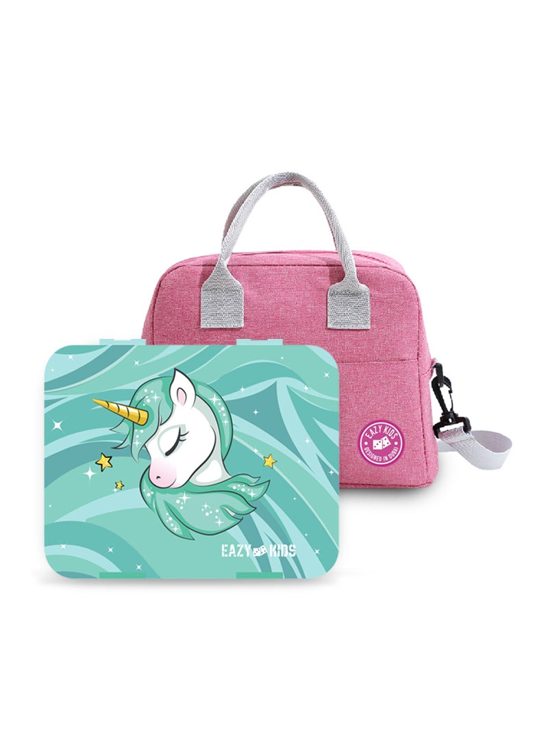 Eazy Kids Bento Box wt Insulated Lunch Bag & Cutter Set -Combo - Unicorn Green - Image 1