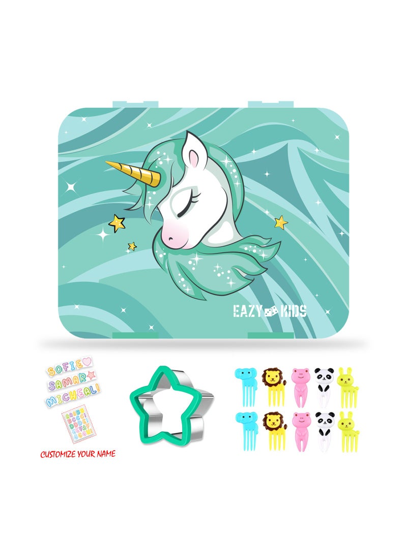 Eazy Kids Bento Box wt Insulated Lunch Bag & Cutter Set -Combo - Unicorn Green - Image 2