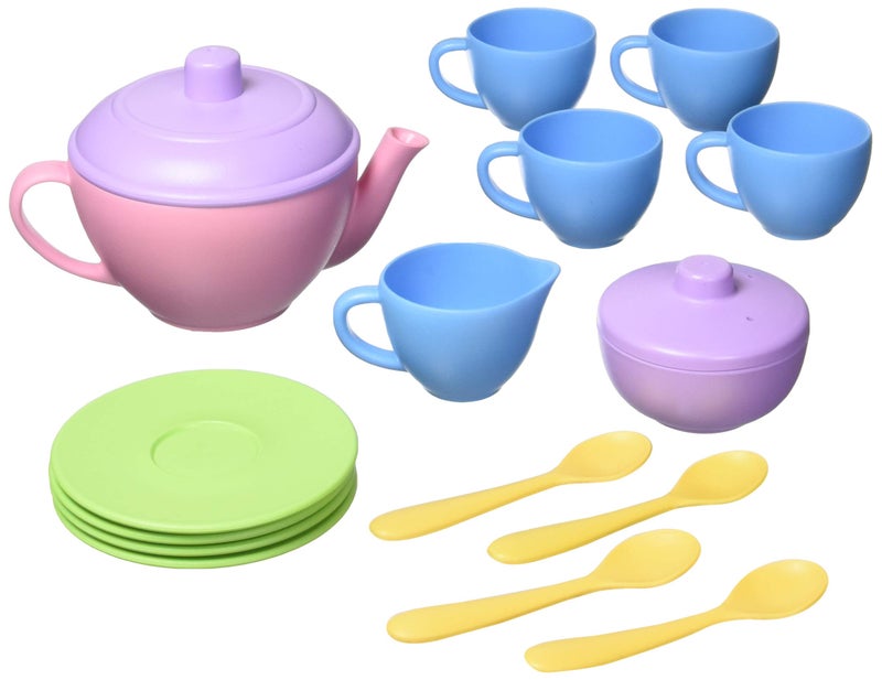Green Toys Tea Set Pink CB 17 Piece Pretend Play Motor Skills Language Communication Kids Role Play Toy No BPA phthalates PVC Dishwasher Safe Recycled Plastic Made in USA