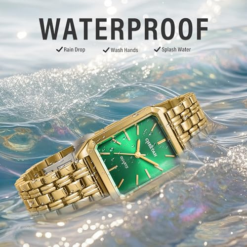 CHEETAH Women's Gold-Tone Dainty Watch, Green Dial, Retro Style Rectangular Case and Stainless Steel Band, Gift for Her - Image 5