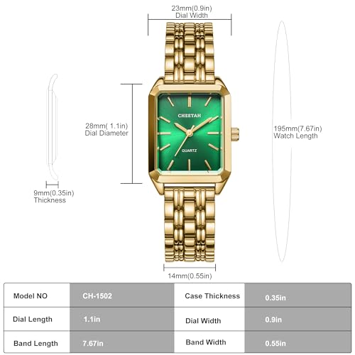 CHEETAH Women's Gold-Tone Dainty Watch, Green Dial, Retro Style Rectangular Case and Stainless Steel Band, Gift for Her - Image 3