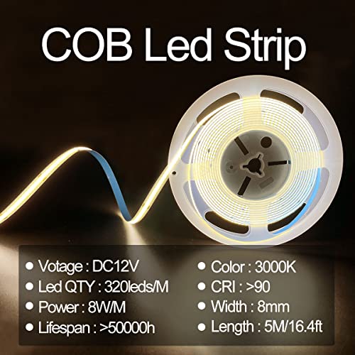 HAMRVL COB LED Strip Lights Warm White 3000K,DC12V 16.4ft/5M 320leds/M CRI90 Bright Flexible LED Tape 8mm, for Indoor Home Cabinet，Bedroom,Kitchen,Stage,Backlight DIY Lighting(Without Power Supply) - Image 2