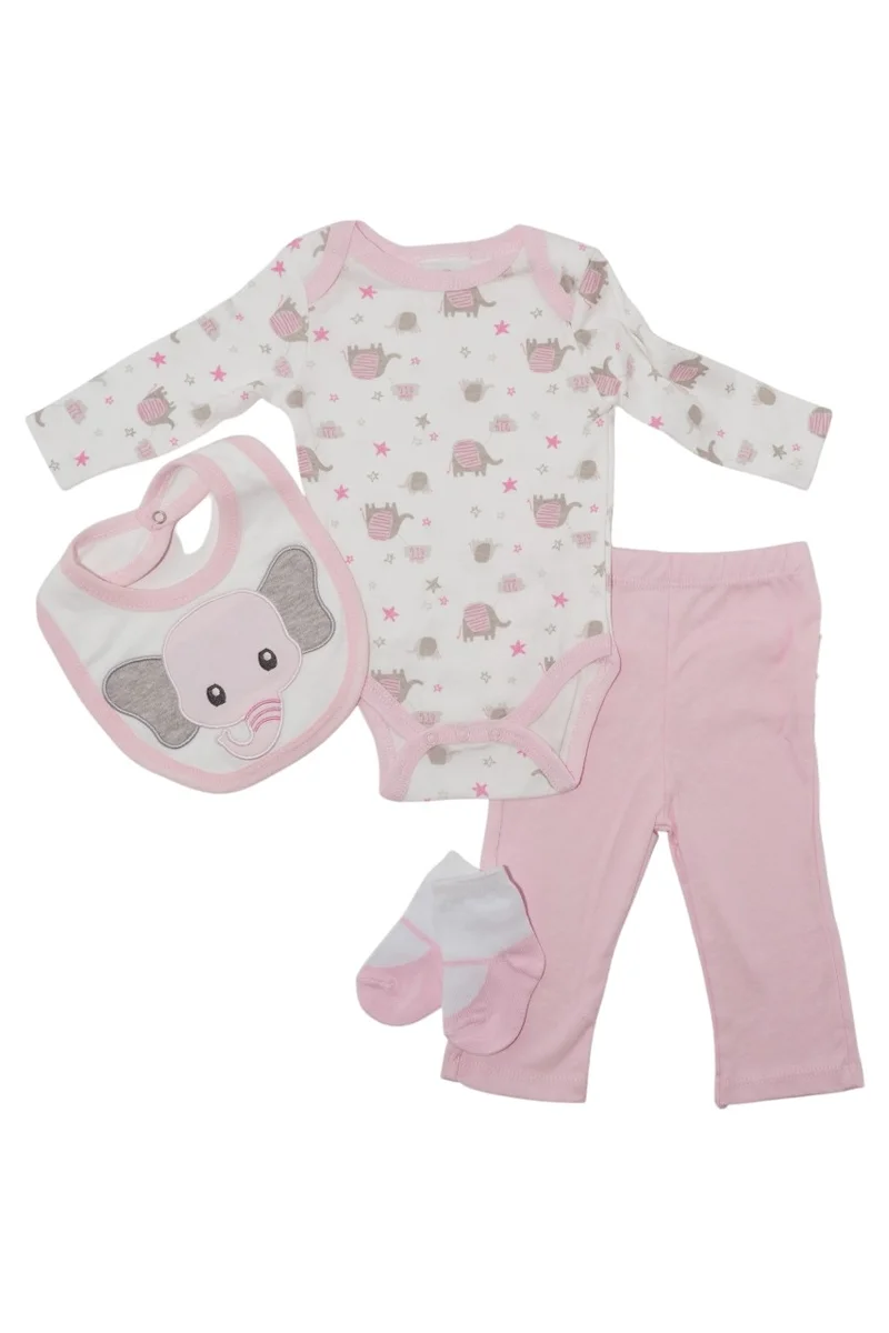 Bambimici Bambimici Elephant Print Long Sleeve Bodysuit with Pyjama - Baby Pink