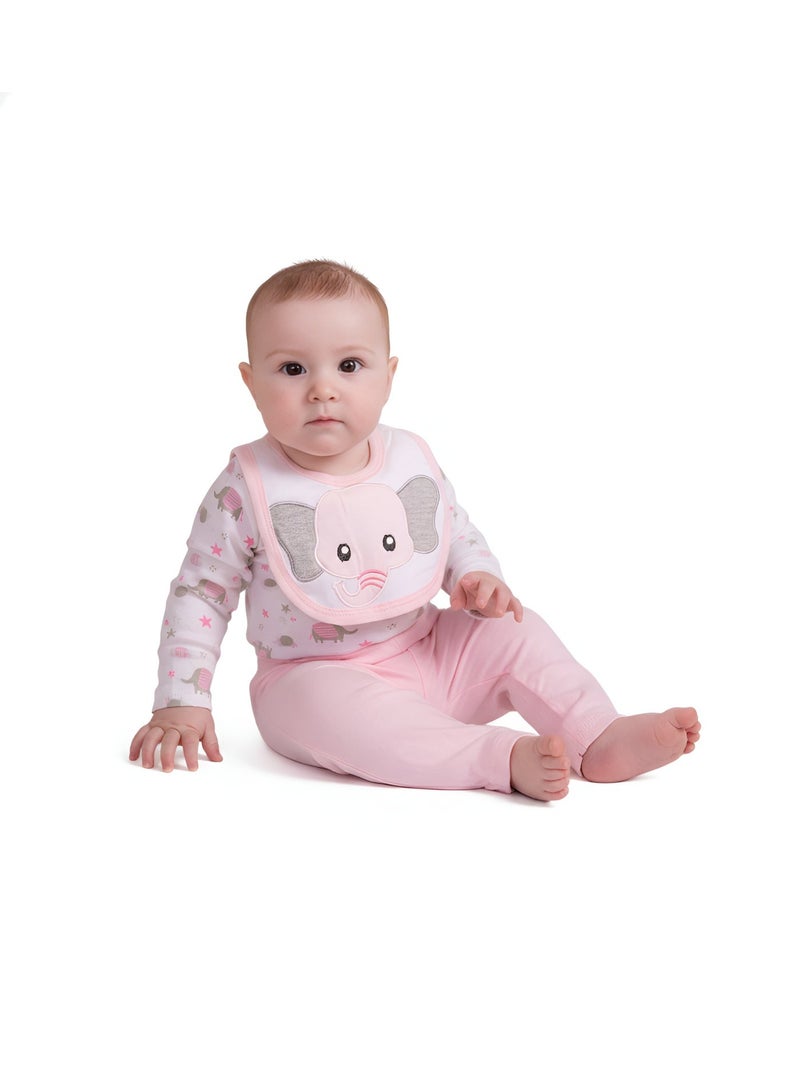 Bambimici Elephant Print Long Sleeve Bodysuit with Pyjama - Baby Pink - Image 1