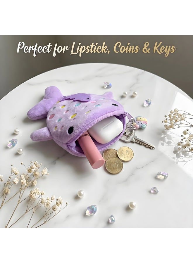 cioatu Adorable Whale Shark Coin Purse Keychain,Soft Plush Zipper Coin Purse,Handmade Purse Bag Charm Gift for Girls Women, Purple, One size - Image 4