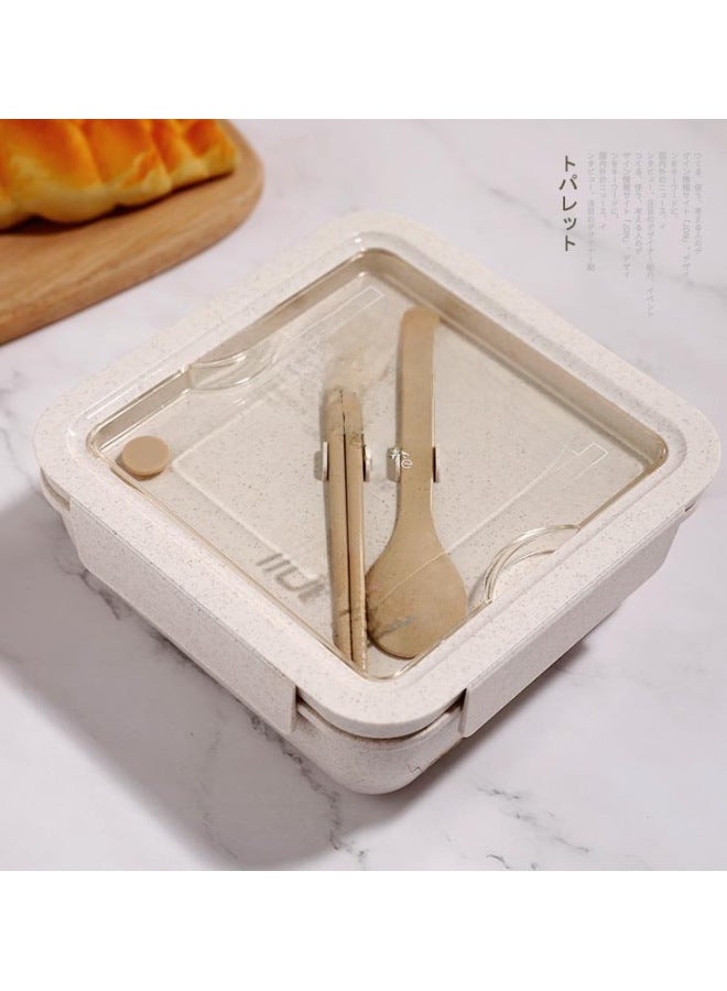 Japanese Style Microwave Safe Lunch Box Office Workers Wheat Straw Bento Box Food Separation Lunch Grid Partition-Specifications:Square 1100ml-chopsticks And Spoons-Color:Beige  - Image 3