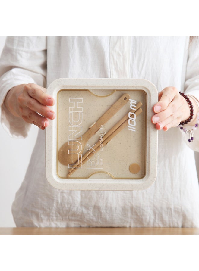 Japanese Style Microwave Safe Lunch Box Office Workers Wheat Straw Bento Box Food Separation Lunch Grid Partition-Specifications:Square 1100ml-chopsticks And Spoons-Color:Beige  - Image 5