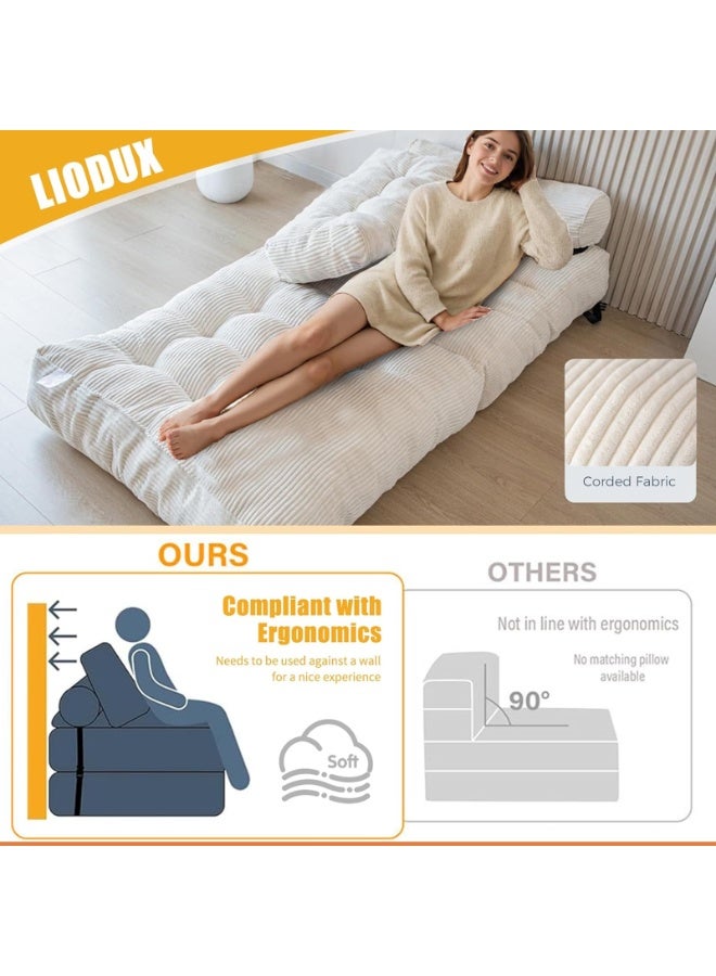 LIODUX 85x85x65CM Modern Folding Sofa Bed, Fold Out Modular Couch, Comfy Small Corduroy Couch, Foldable Mattress with Back Support, Minimalist Boneless Single Floor Lounger for Home Office, White - Image 5
