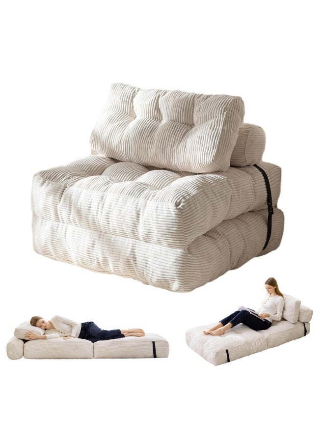 85x85x65CM Modern Folding Sofa Bed, Fold Out Modular Couch, Comfy Small Corduroy Couch, Foldable Mattress with Back Support, Minimalist Boneless Single Floor Lounger for Home Office, White