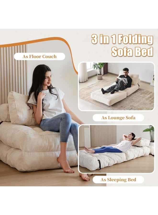 LIODUX 85x85x65CM Modern Folding Sofa Bed, Fold Out Modular Couch, Comfy Small Corduroy Couch, Foldable Mattress with Back Support, Minimalist Boneless Single Floor Lounger for Home Office, White - Image 4