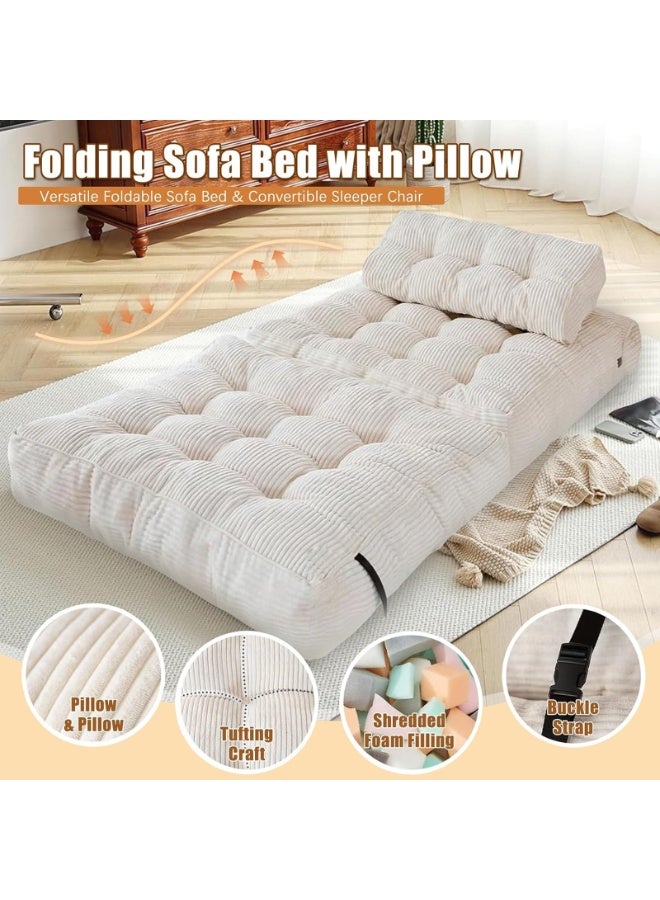 LIODUX 85x85x65CM Modern Folding Sofa Bed, Fold Out Modular Couch, Comfy Small Corduroy Couch, Foldable Mattress with Back Support, Minimalist Boneless Single Floor Lounger for Home Office, White - Image 3