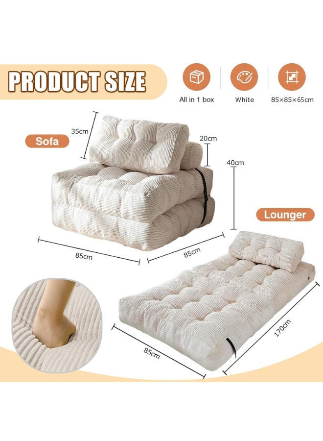 LIODUX 85x85x65CM Modern Folding Sofa Bed, Fold Out Modular Couch, Comfy Small Corduroy Couch, Foldable Mattress with Back Support, Minimalist Boneless Single Floor Lounger for Home Office, White - Image 2