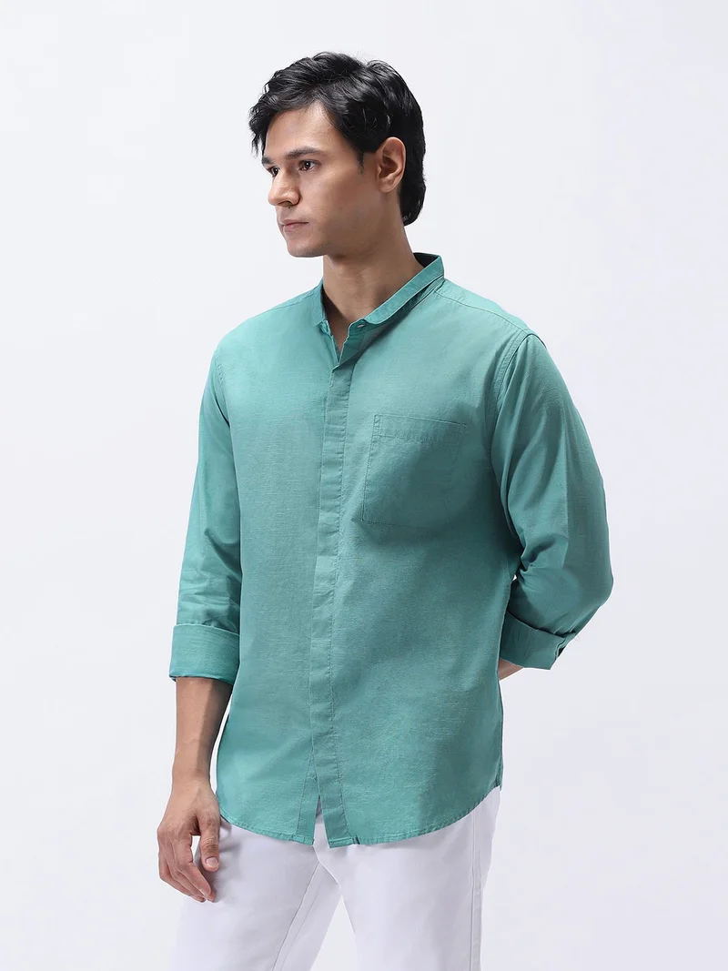 أوربانو فاشن Urbano Fashion Men's Light Teal Cotton Full Sleeve Regular Fit Casual Solid Shirt with Band Collar