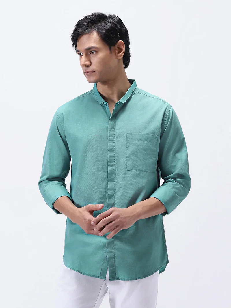 أوربانو فاشن Urbano Fashion Men's Light Teal Cotton Full Sleeve Regular Fit Casual Solid Shirt with Band Collar