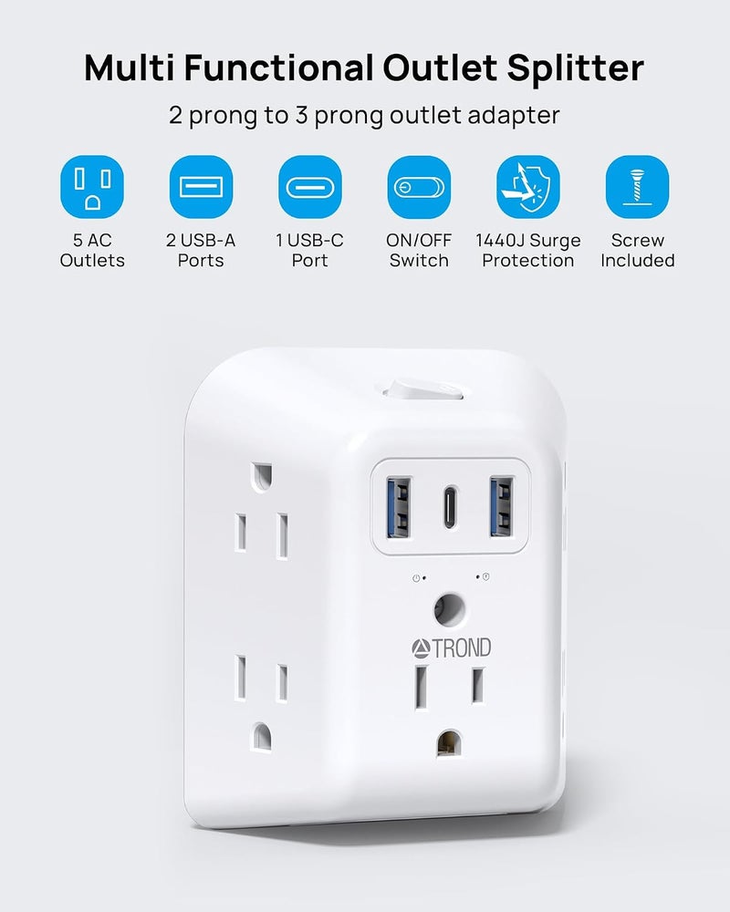 TROND 2 Prong Power Strip USB, 2 to 3 Prong Outlet Adapter, 5 Outlet Splitter with 3 USB Ports(1 USB-C), Wall Mount 1440J Surge Protector with ON/Off, Polarized Plug, for Non-Grounded Plug Old House - Image 2