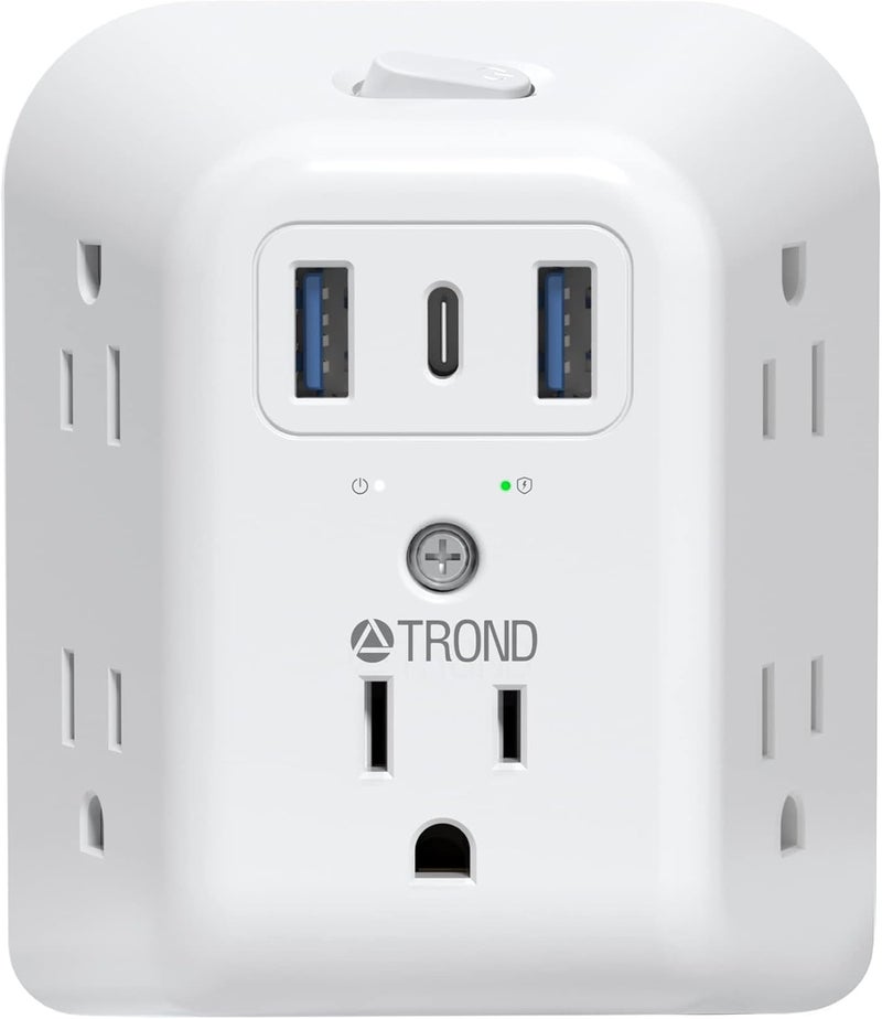 TROND 2 Prong Power Strip USB, 2 to 3 Prong Outlet Adapter, 5 Outlet Splitter with 3 USB Ports(1 USB-C), Wall Mount 1440J Surge Protector with ON/Off, Polarized Plug, for Non-Grounded Plug Old House - Image 1