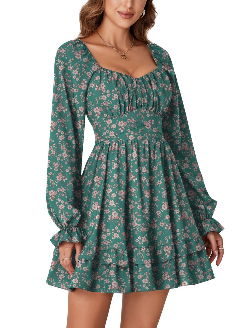 KIFOVEN Women's Print Lantern Long Sleeve Smocked Wrap Tiered Ruffle Flowy A Line Short Mini Dress Green Flower Large - Image 4