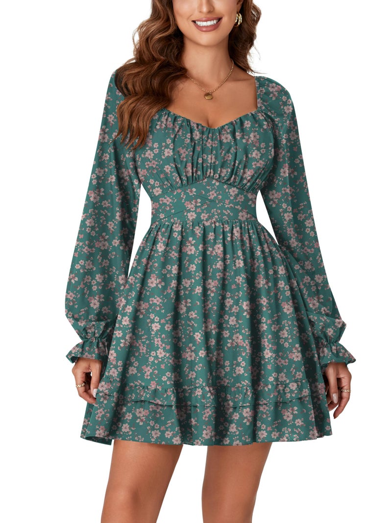 KIFOVEN Women's Print Lantern Long Sleeve Smocked Wrap Tiered Ruffle Flowy A Line Short Mini Dress Green Flower Large - Image 2