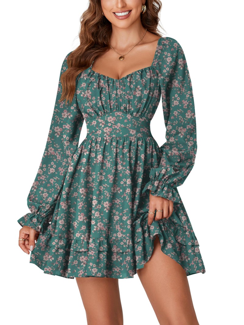 KIFOVEN Women's Print Lantern Long Sleeve Smocked Wrap Tiered Ruffle Flowy A Line Short Mini Dress Green Flower Large - Image 1