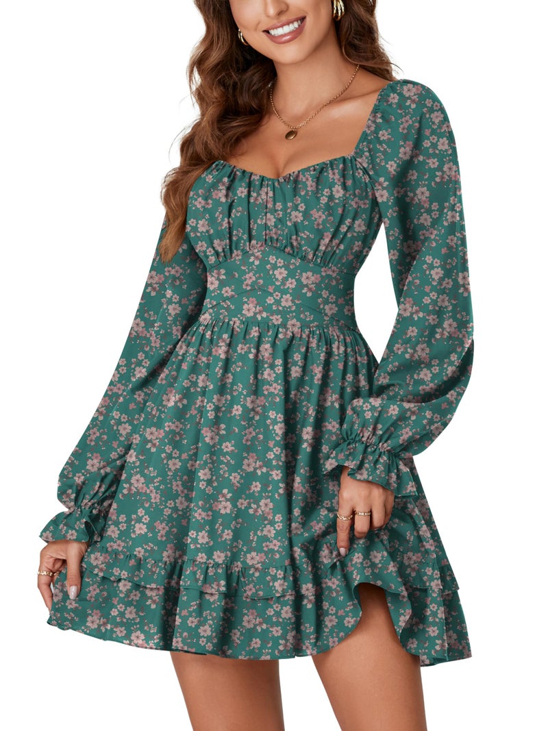 KIFOVEN Women's Print Lantern Long Sleeve Smocked Wrap Tiered Ruffle Flowy A Line Short Mini Dress Green Flower Large - Image 3