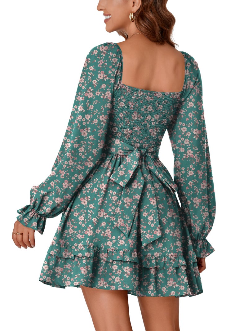 KIFOVEN Women's Print Lantern Long Sleeve Smocked Wrap Tiered Ruffle Flowy A Line Short Mini Dress Green Flower Large - Image 5