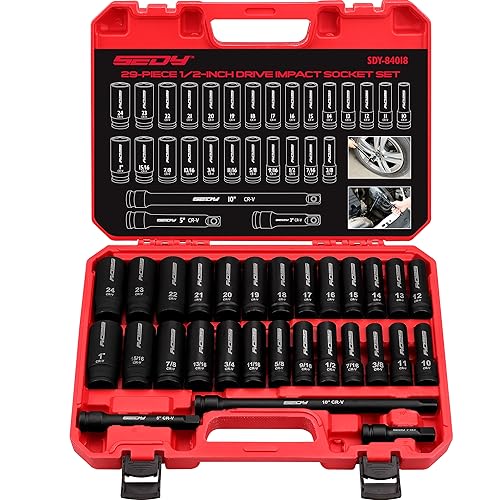 SEDY 29-Piece 1/2" Drive Impact Socket Set, SAE (3/8 to 1 inch) and Metric (10-24mm) Sizes with Extension Bars Standard Deep Socket Set CR-V Material High Durability Impact Wrench - Image 1