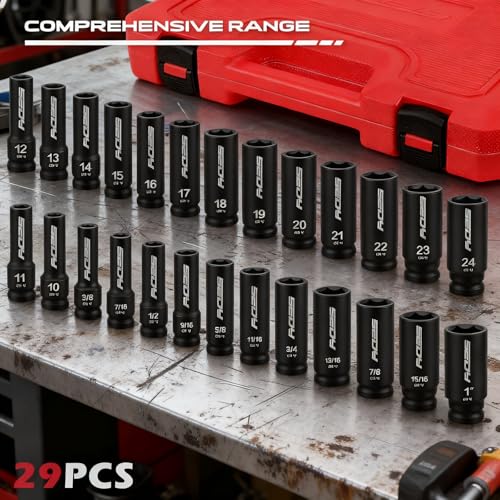 SEDY 29-Piece 1/2" Drive Impact Socket Set, SAE (3/8 to 1 inch) and Metric (10-24mm) Sizes with Extension Bars Standard Deep Socket Set CR-V Material High Durability Impact Wrench - Image 3