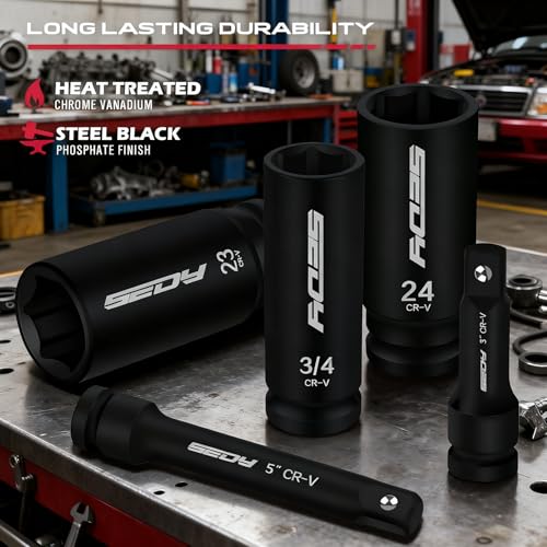 SEDY 29-Piece 1/2" Drive Impact Socket Set, SAE (3/8 to 1 inch) and Metric (10-24mm) Sizes with Extension Bars Standard Deep Socket Set CR-V Material High Durability Impact Wrench - Image 5