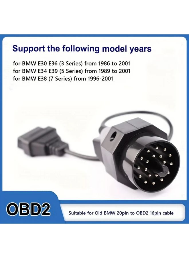1pc OBD1 to OBD2 Diagnostic Adapter Cable with 20 Pin Female Connector and 16 Pin Male Plug for BMW E30 E34 E36 E38 E39 E53 5 Series E65 E66 E67 E68 E69 7 Series E90 E91 E92 E93 E94 E95 E96 E97 E98 E99 X3 X5 X6 Models up to E70 Series Black - Image 1