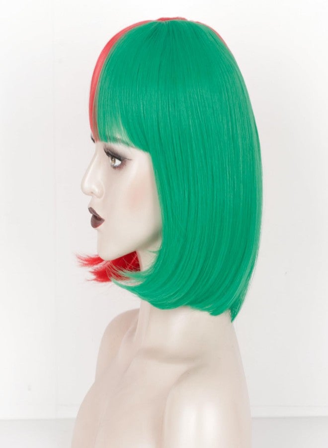 ويكين شعر مستعار أحمر وأخضر قصير للنساء والفتيات، نصفه أخضر ونصفه أحمر، مع غرة، مناسب للتنكر والحفلات اليومية - Image 3