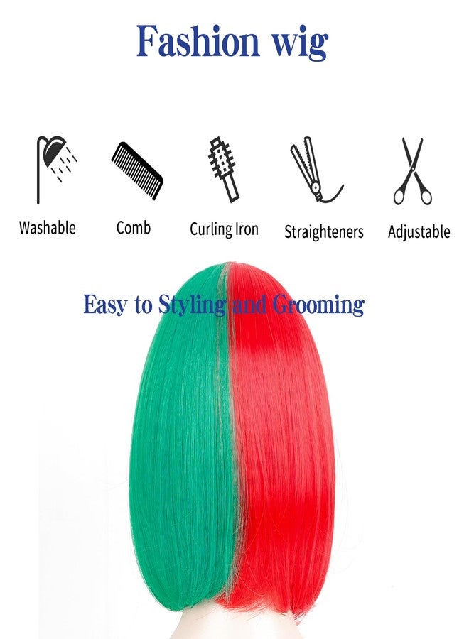 ويكين شعر مستعار أحمر وأخضر قصير للنساء والفتيات، نصفه أخضر ونصفه أحمر، مع غرة، مناسب للتنكر والحفلات اليومية - Image 5