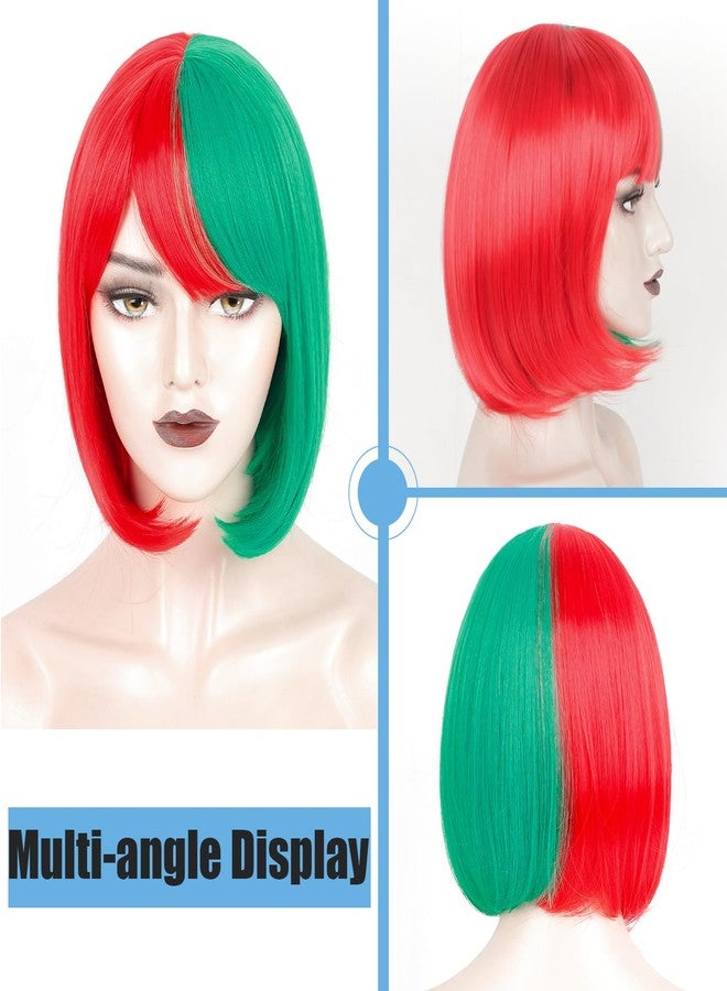 ويكين شعر مستعار أحمر وأخضر قصير للنساء والفتيات، نصفه أخضر ونصفه أحمر، مع غرة، مناسب للتنكر والحفلات اليومية - Image 2