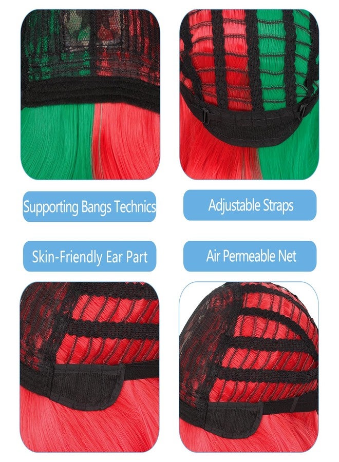 ويكين شعر مستعار أحمر وأخضر قصير للنساء والفتيات، نصفه أخضر ونصفه أحمر، مع غرة، مناسب للتنكر والحفلات اليومية - Image 4