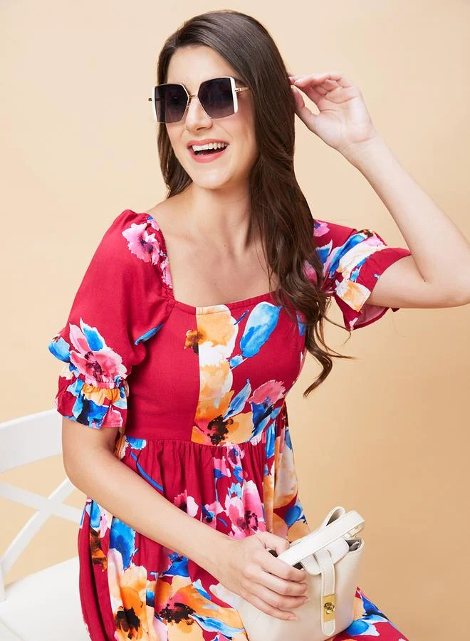 جلو باص Globus Women Floral Printed Puff Sleeves A-Line Mini Dress with Smocked Back