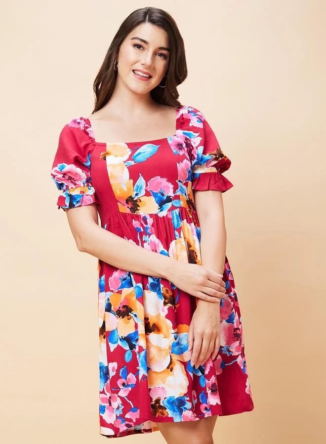 جلو باص Globus Women Floral Printed Puff Sleeves A-Line Mini Dress with Smocked Back