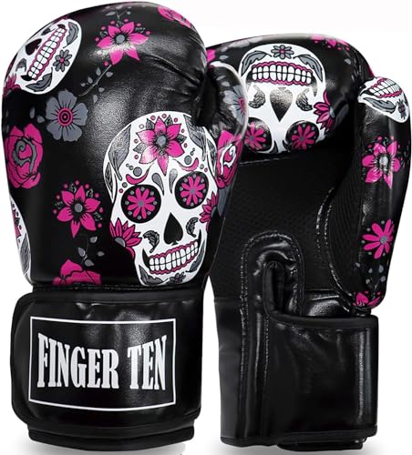 FINGER TEN Boxing Gloves Women Punching Sparring Kickboxing MMA Training Heavy Bag Glove Pink White Rosy Black Leather for 8 10 12 14 oz for WomensBlack Printed 10 oz - Image 1