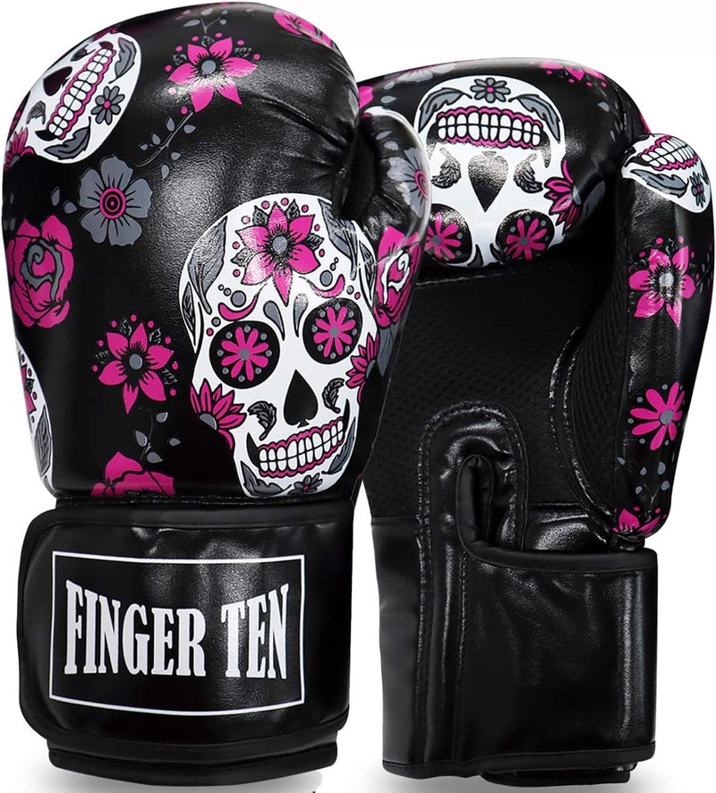 FINGER TEN Boxing Gloves Women Punching Sparring Kickboxing MMA Training Heavy Bag Glove Pink White Rosy Black Leather for 8 10 12 14 oz for WomensBlack Printed 10 oz - Image 2