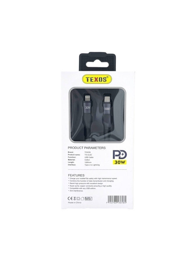 تيكسو TEXOS CL-53 30W PD USB-C to Lightning Data Cable, 1M - Image 2