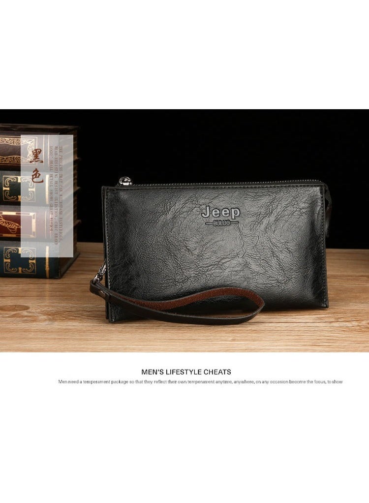 جيب محفظة جيب رجالية مزدوجة الطبقات - حقيبة يد مضادة للسرقة بحزام معصم مع قفل كبس، وفتحات متعددة للبطاقات، وأجزاء معدنية، ومانعة لتقنية تحديد الهوية بموجات الراديو، ومنظم من جلد البولي يوريثان مناسب للأعمال غير الرسمية - Image 1