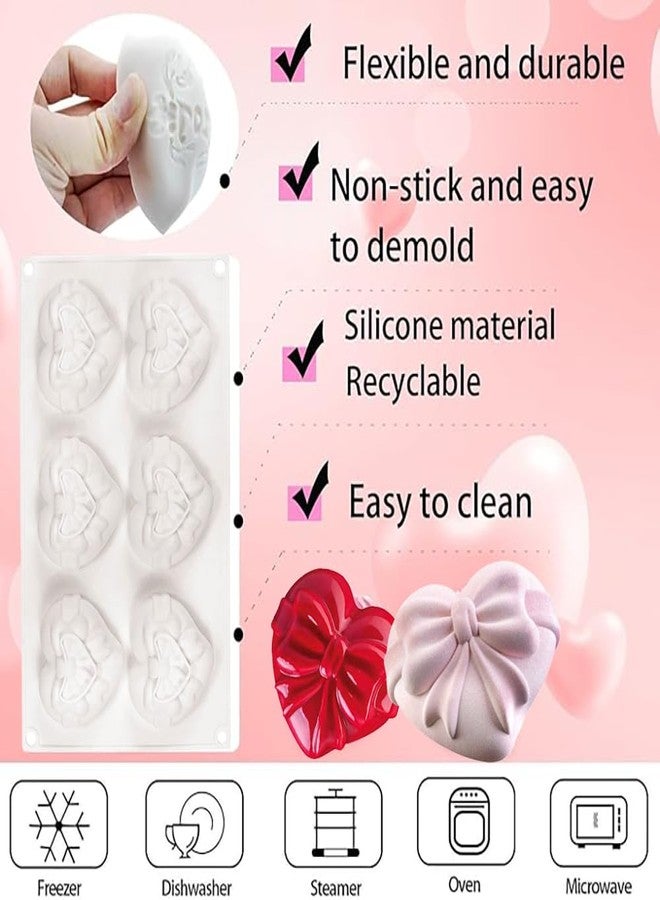GELXGRIT قالب سيليكون على شكل قلب، 6 تجاويف، قالب شوكولاتة على شكل فيونكة، قالب حلوى عيد الحب، قالب على شكل قلب لتزيين الكيك والكب كيك، قالب جيلي، قالب طين، قالب صابون، قالب شمعة، ملحق حرفي يدوي - Image 4