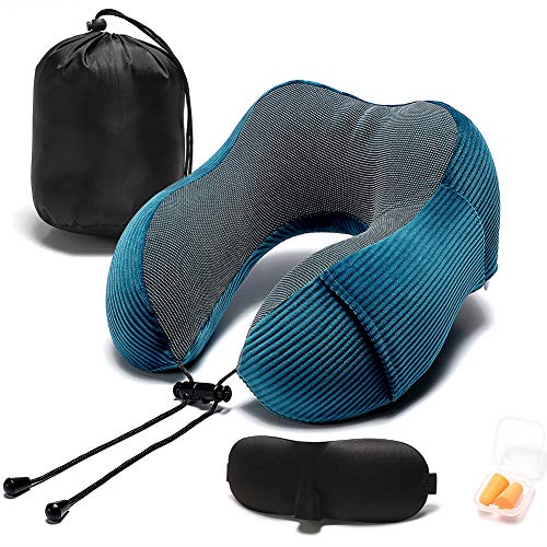 Memory Foam Neck Pillow with 360Degree Head Support Lightweight Comfortable Travel Airplane Pillow with Storage Bag for Sleeping TravelingCar Train Bus and Home UseBlue